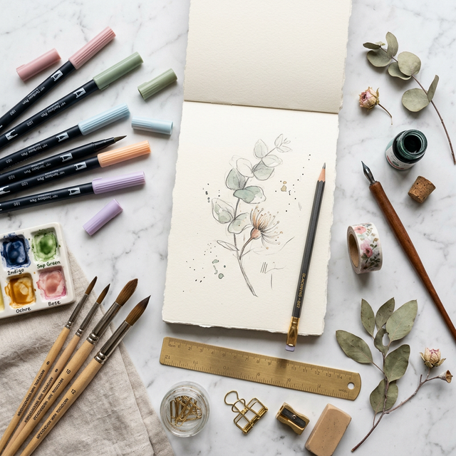 Các dụng cụ mỹ thuật đa dạng kèm giấy canvas